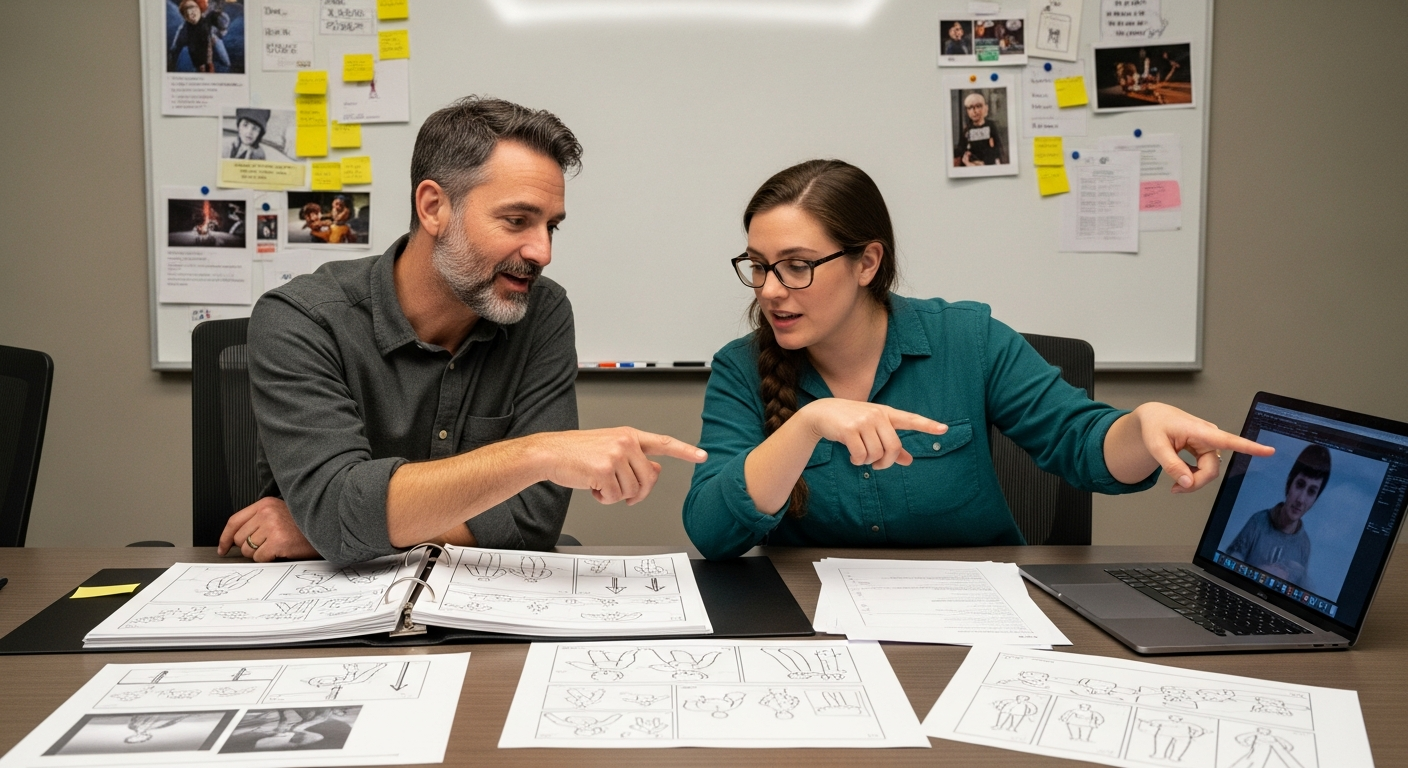 A director and animator reviewing storyboards and previs clips to refine emotional animation.