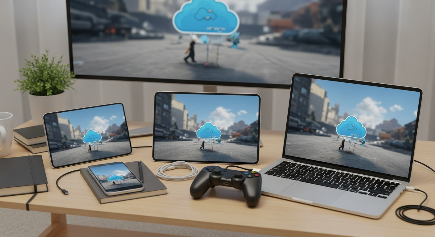 A smartphone, laptop, and TV all displaying cloud-streamed gameplay, showing cross-device compatibility.