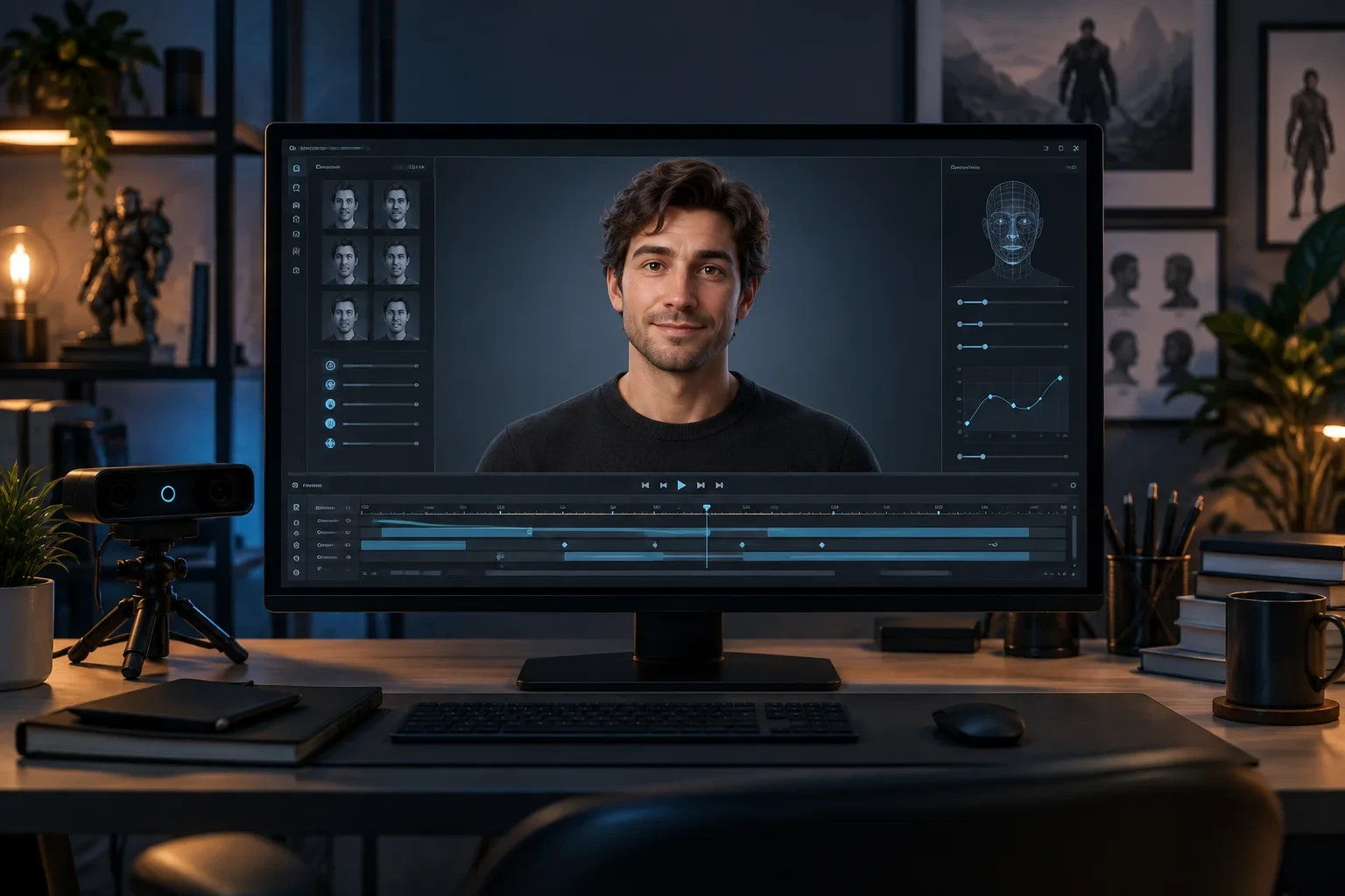 Character animation workstation displaying a natural digital avatar beside a capture camera