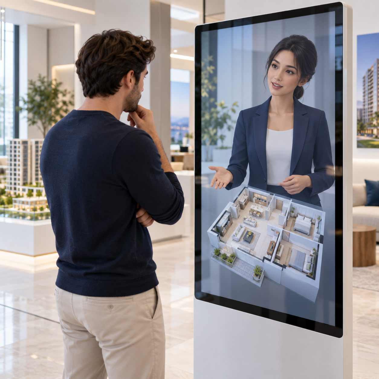 Property visitor exploring a floor plan with a digital human on a showroom screen