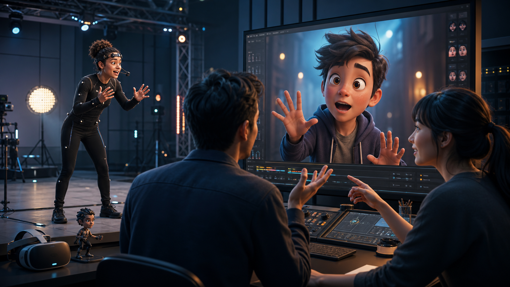 Fresh motion capture production pipeline image for an animated AI cartoon avatar