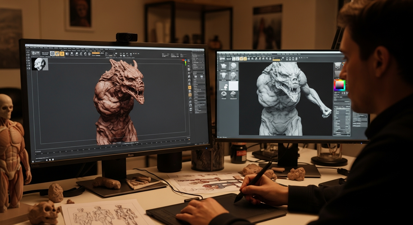 A 3D artist sculpting high-detail geometry and applying textures to a game model inside a real production workspace.