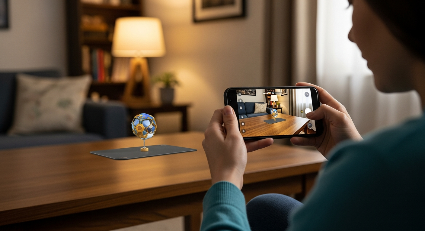 A player aiming their phone at a table while viewing an AR game object anchored to the surface through the device screen.