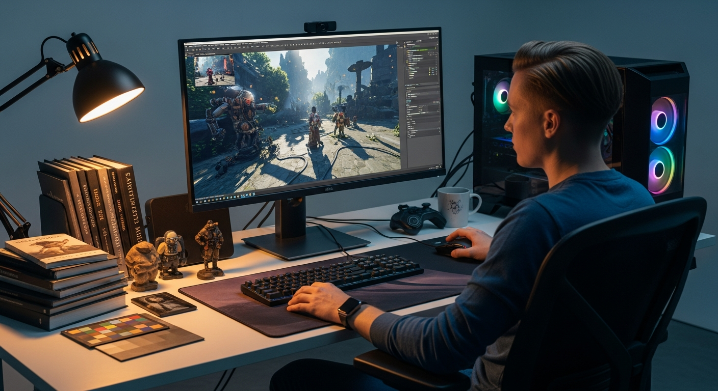 A cinematic artist reviewing a real-time rendered scene on a large monitor inside a development workspace.