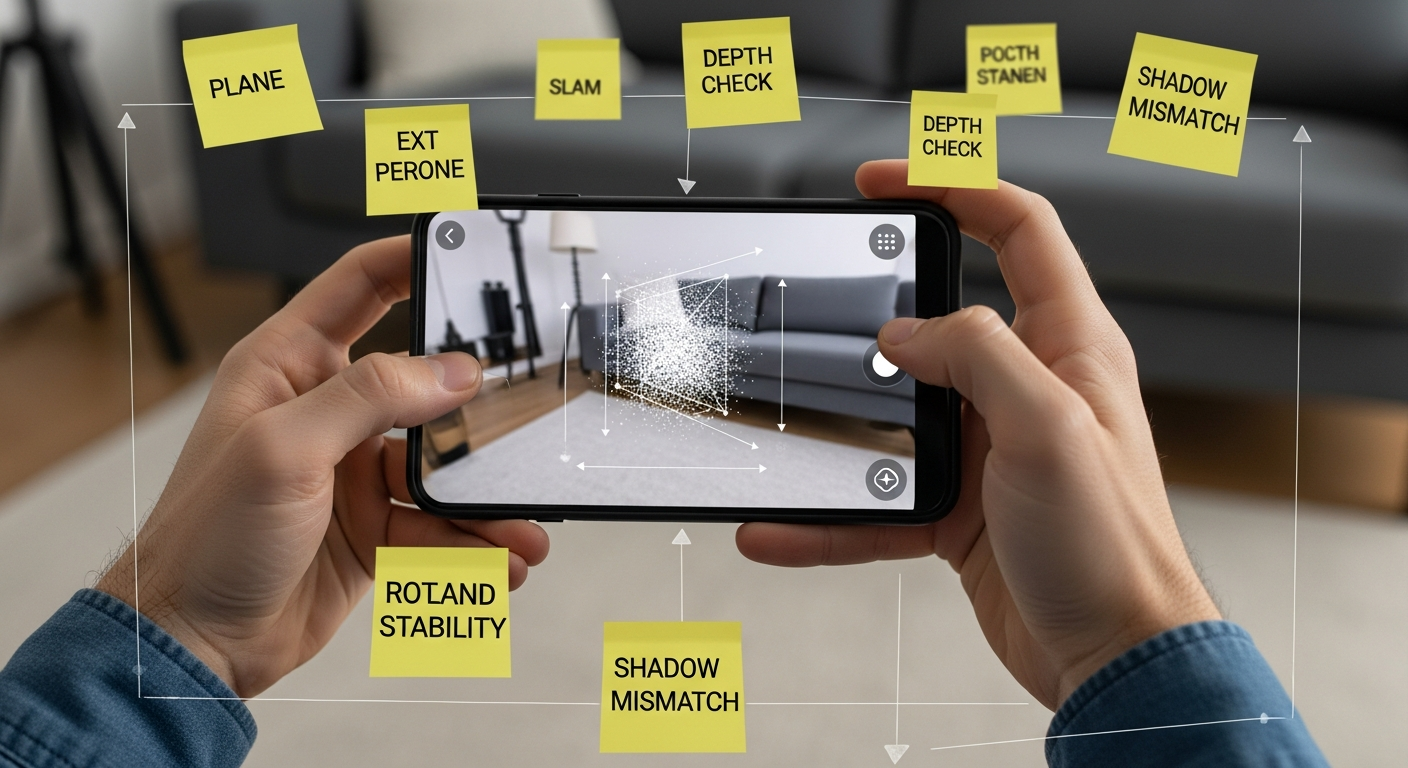 A developer performing real-world AR spatial mapping to test tracking accuracy.