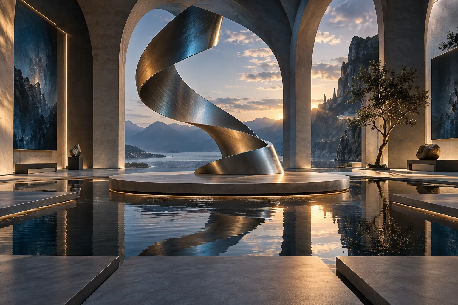 Virtual exhibition with monumental arches, a metal ribbon sculpture and a reflecting pool