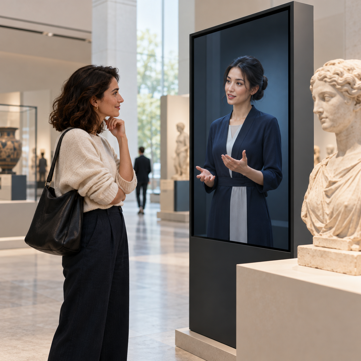 Museum visitor talking to a digital guide beside an exhibit in a contemporary gallery