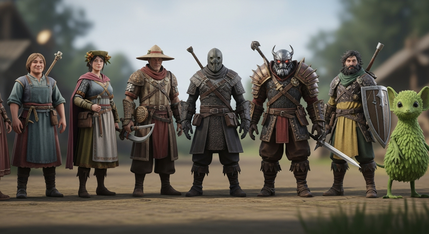 A lineup of diverse NPC types in a game world, showing friendly, hostile, companion, and ambient character variations.