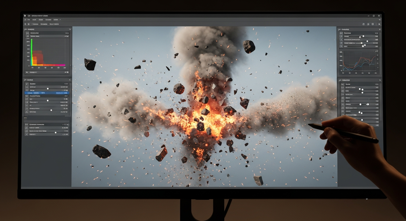 A detailed simulation setup where fire, smoke, and debris effects are being enhanced with AI-assisted procedural tools.