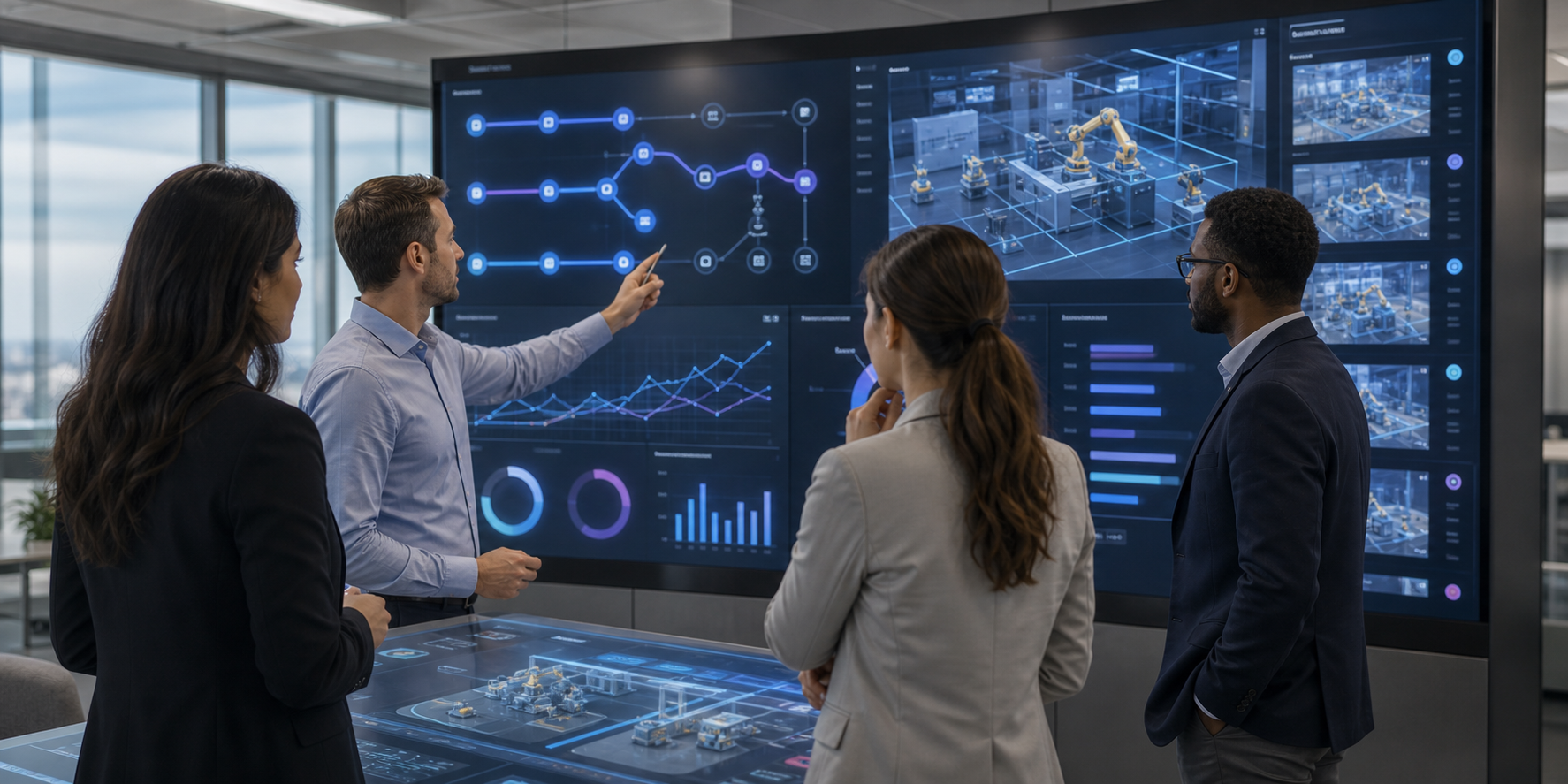 Technical artists reviewing abstract real-time performance dashboards for game assets