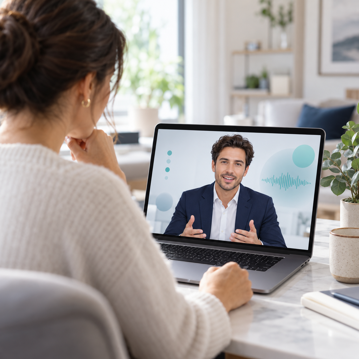 Customer interacting with a digital human support assistant on a laptop