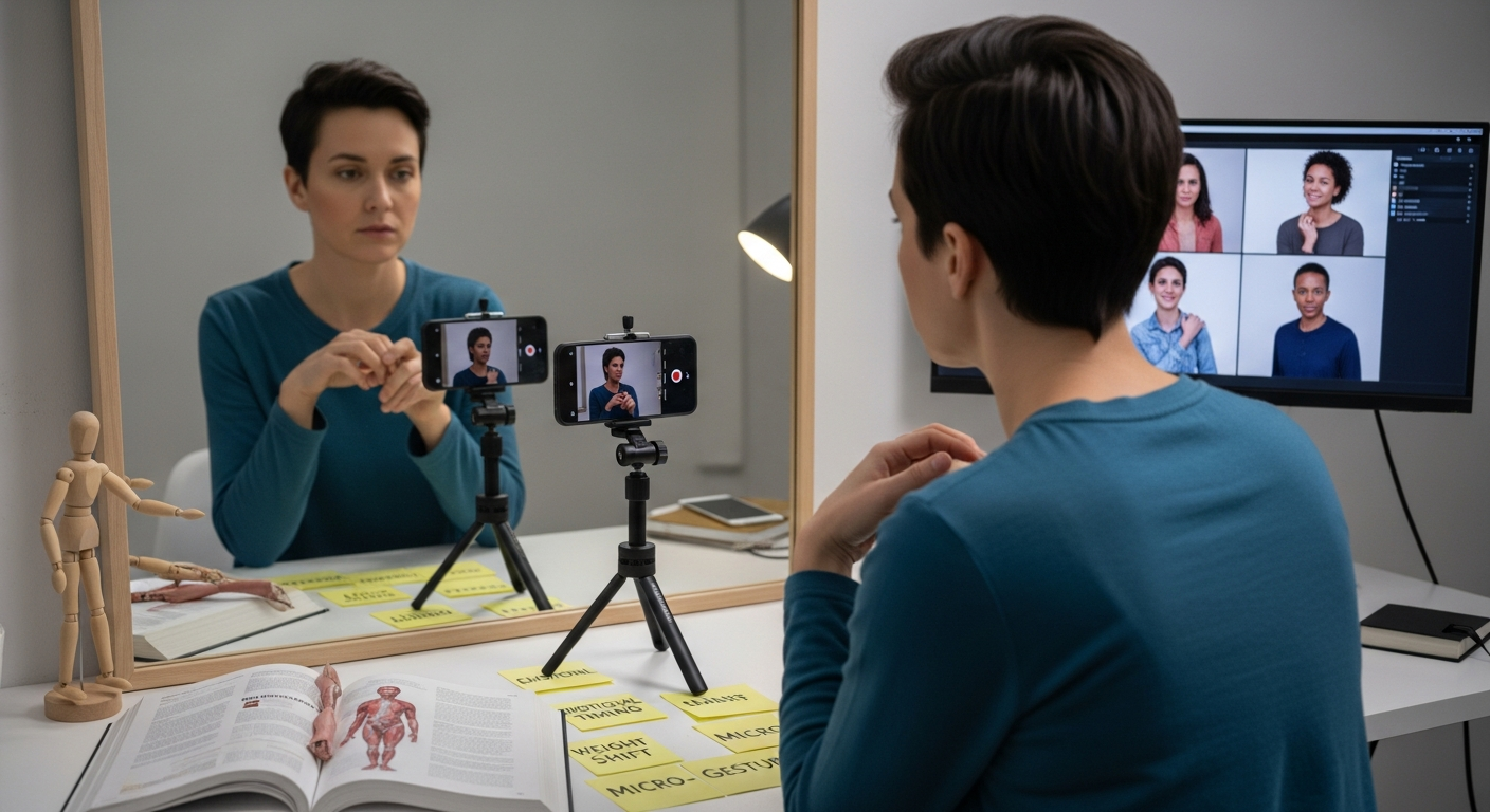 An animator practicing and referencing subtle body-language cues to enhance emotional animation.
