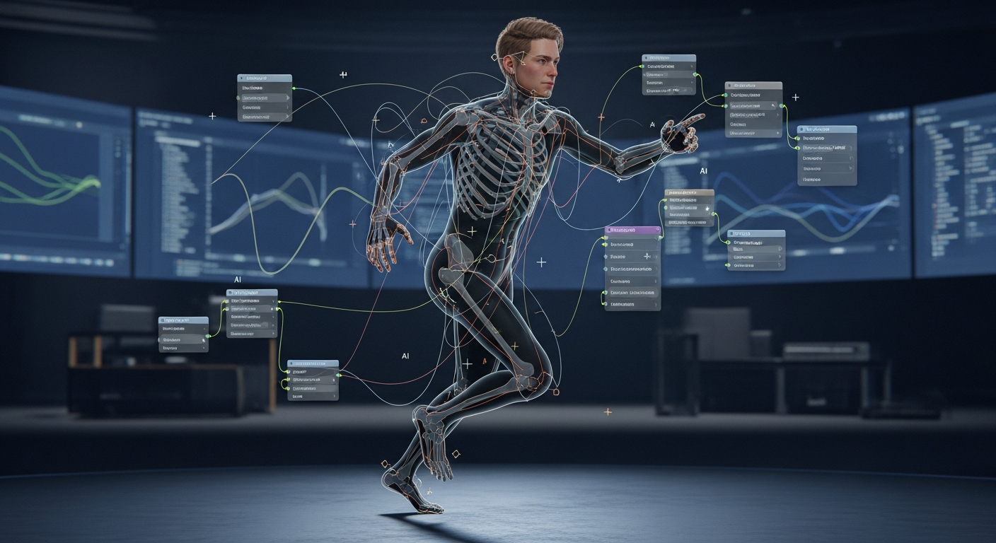 Digital human character mid-animation inside a game development environment.