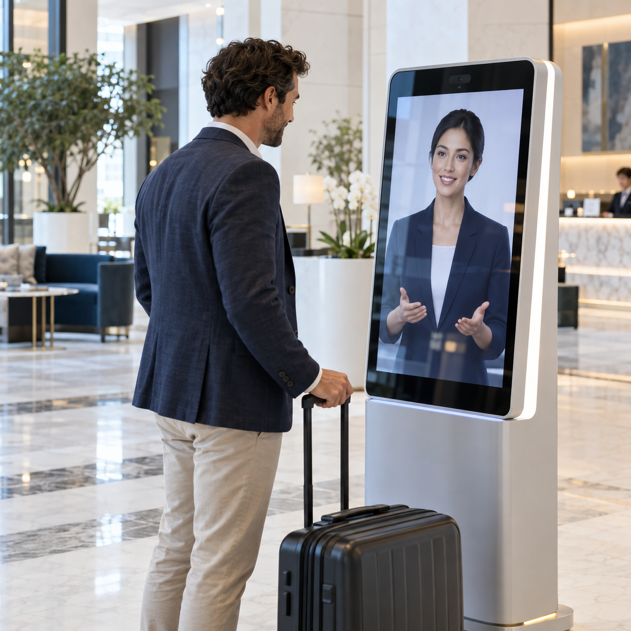 Hotel guest speaking with a digital concierge on a stylish lobby kiosk