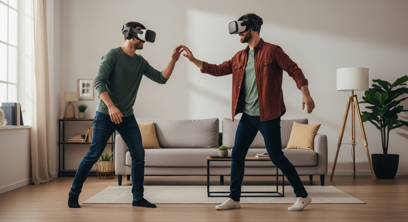 Two players engaged in shared XR gameplay, demonstrating natural social interaction inside a real physical space.