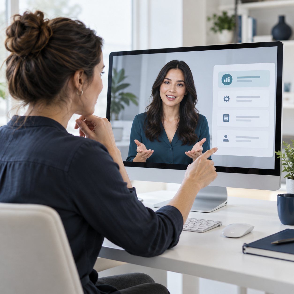 Product specialist reviewing an interface walkthrough with a digital presenter on screen