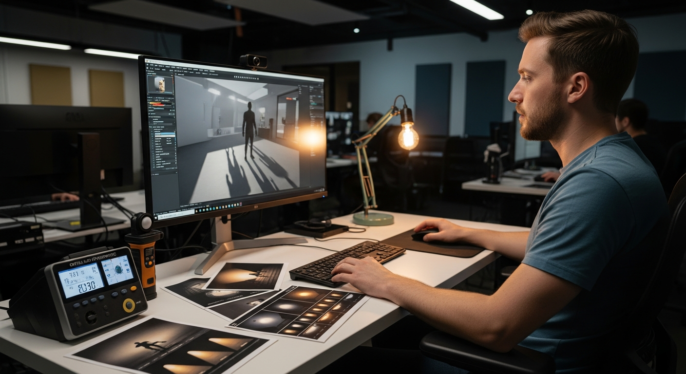 A rendering artist tuning AR lighting and occlusion for seamless real-world blending.