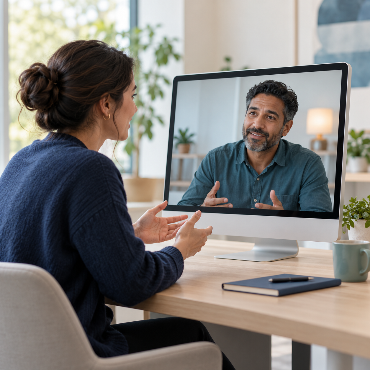 Support employee rehearsing a conversation with a customer avatar in a training workspace