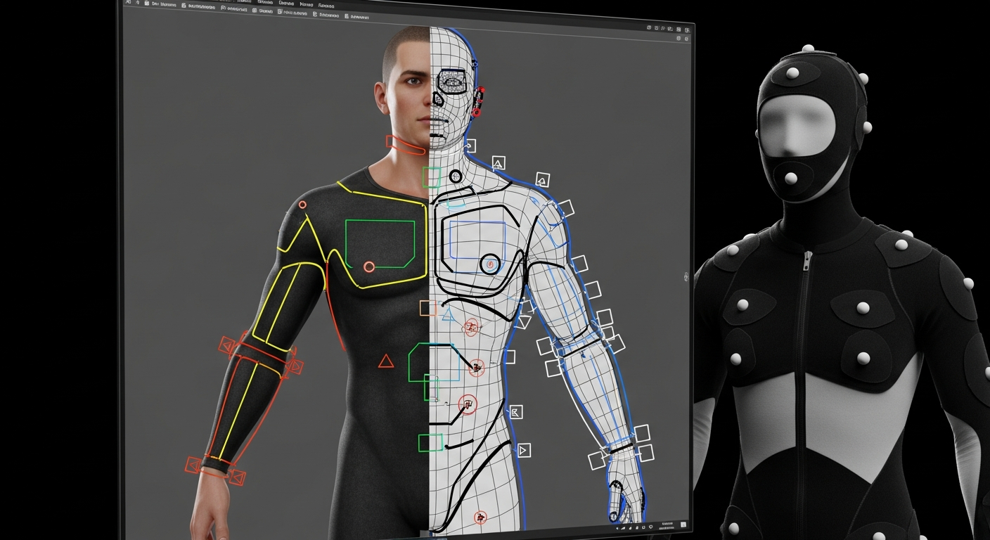 A digital character shown with both realistic rendering and wireframe rigging, representing the process of character creation and animation.