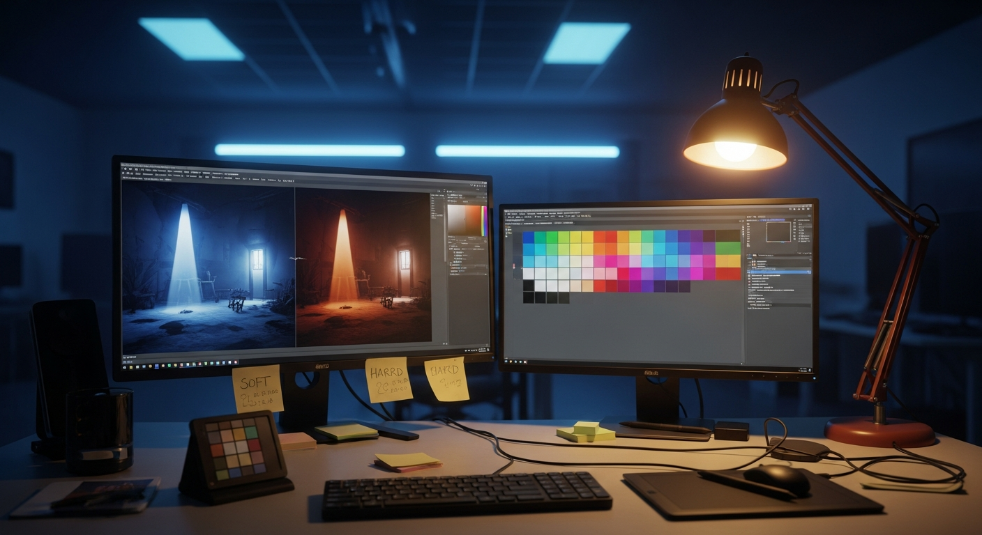 A lighting artist experimenting with color palettes and lighting setups for game art direction at a real workstation.