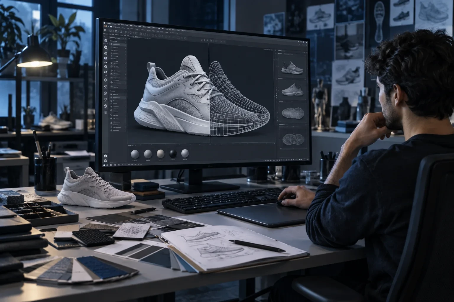 Sneaker model shown in shaded and wireframe views at a 3D workstation — AI-generated concept