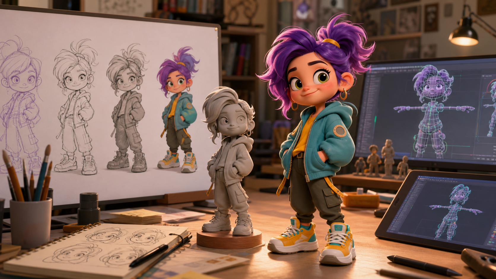 Fresh character concept art evolving into a polished 3D cartoon avatar