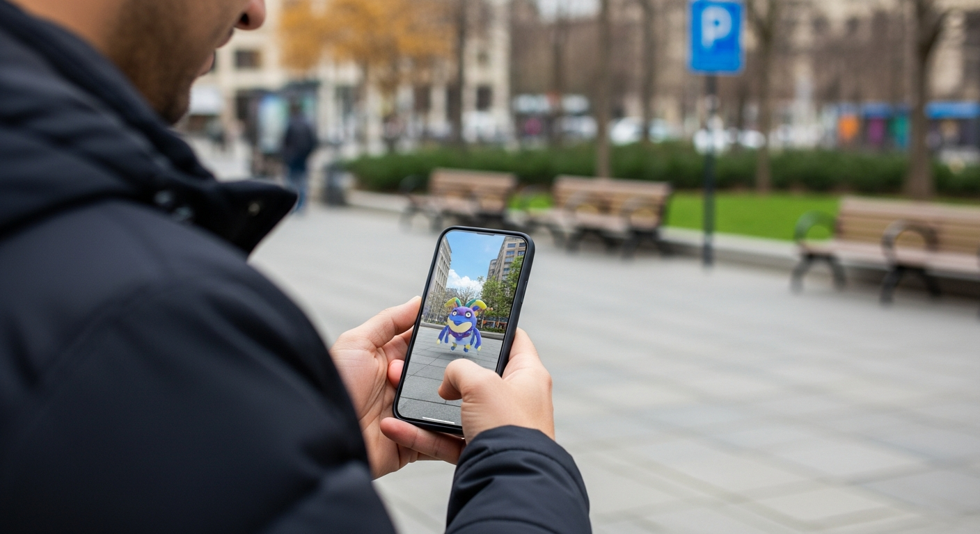 A player using a smartphone to interact with an AR game character visible only on the device screen in a real outdoor environment.