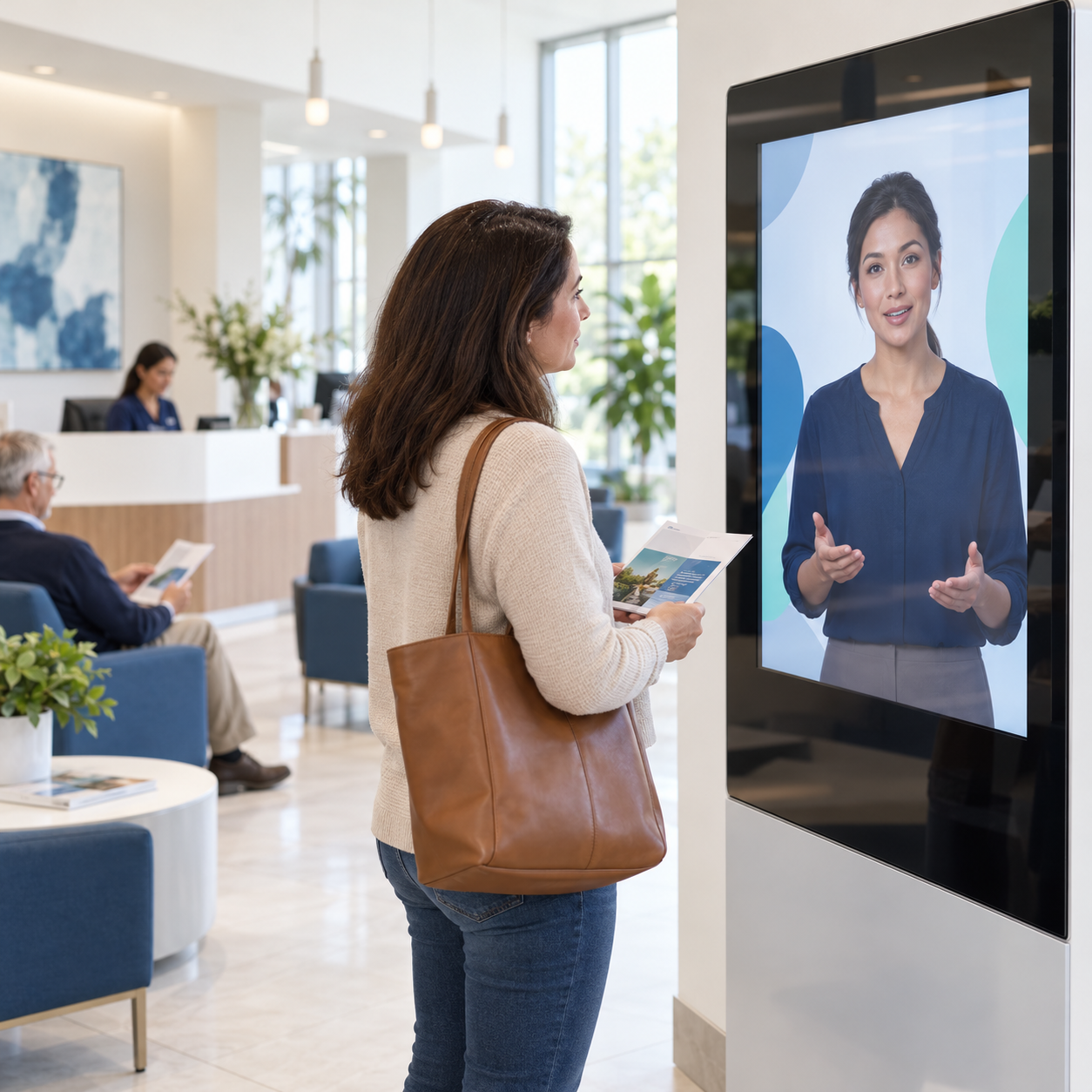Adult visitor reading a general educational resource with a digital information guide in a healthcare reception area