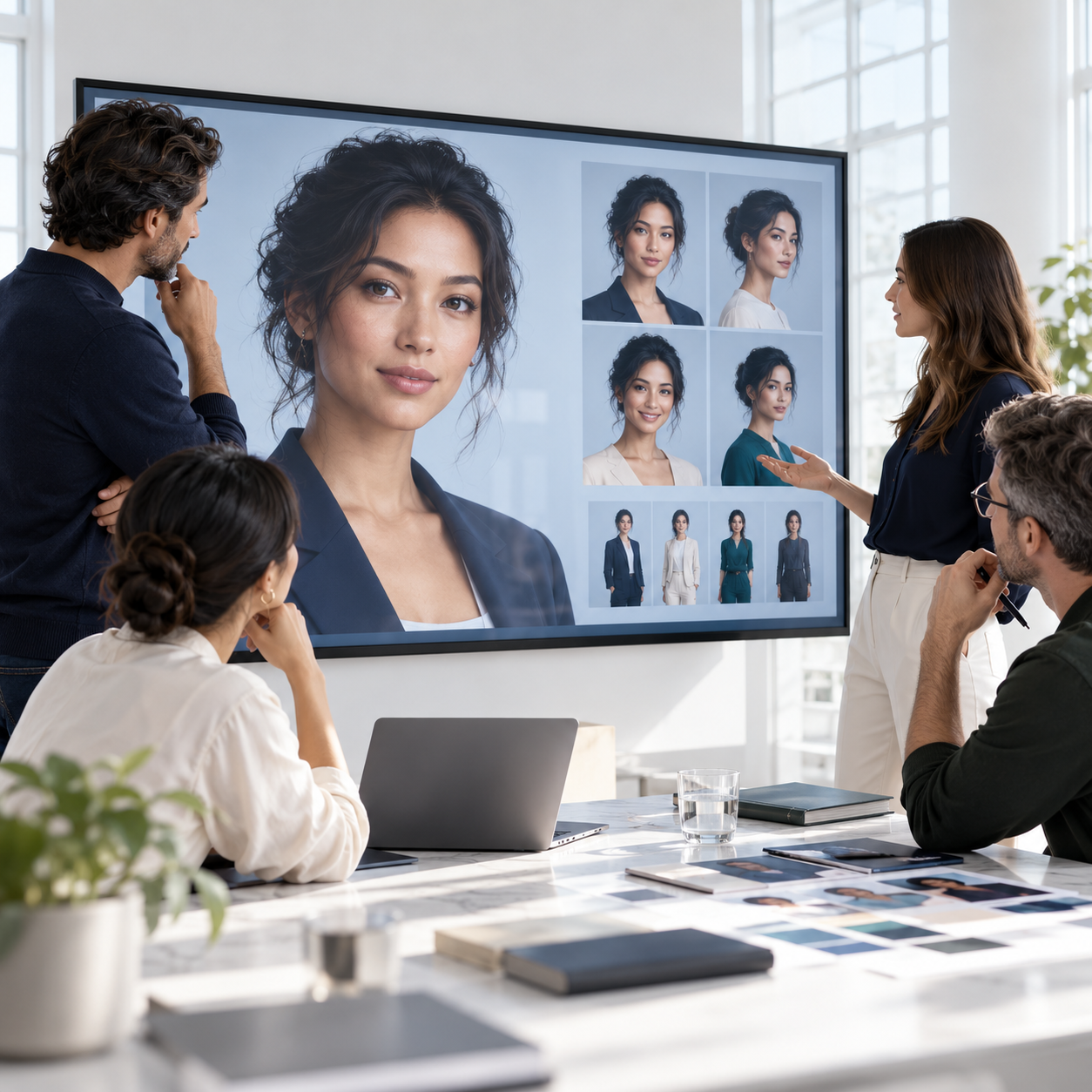 Brand team reviewing coordinated digital avatar identities on a large studio display