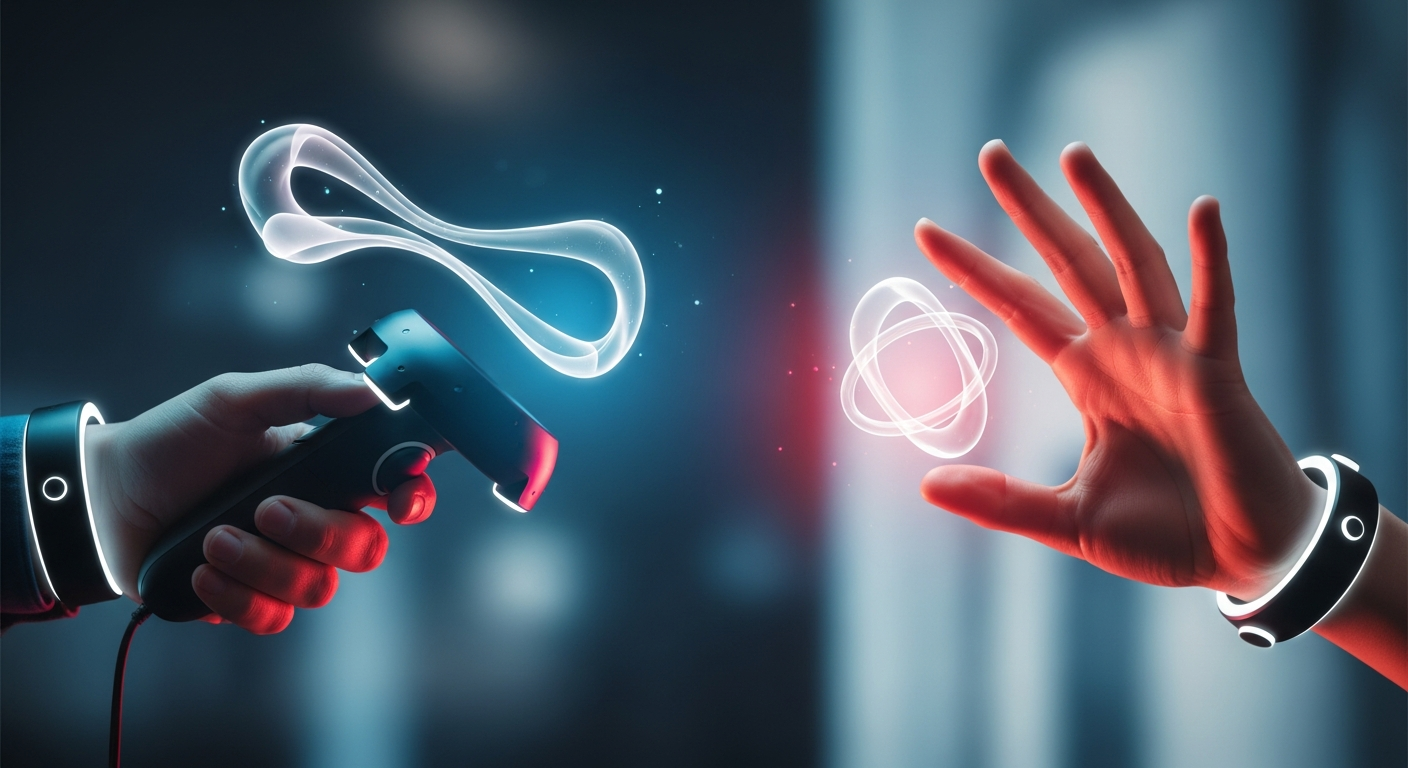 Hands interacting with virtual objects using VR motion controllers and hand-tracking gestures inside a 3D environment.
