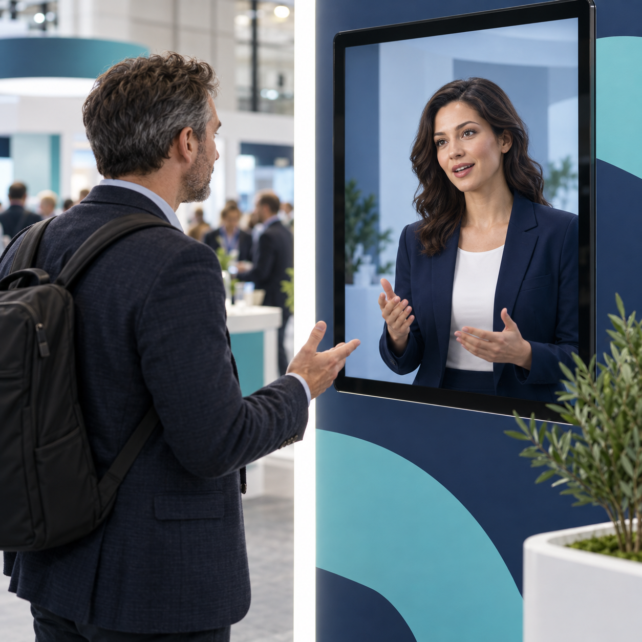 Trade-show visitor speaking to a digital host on a booth display with navy and teal branding