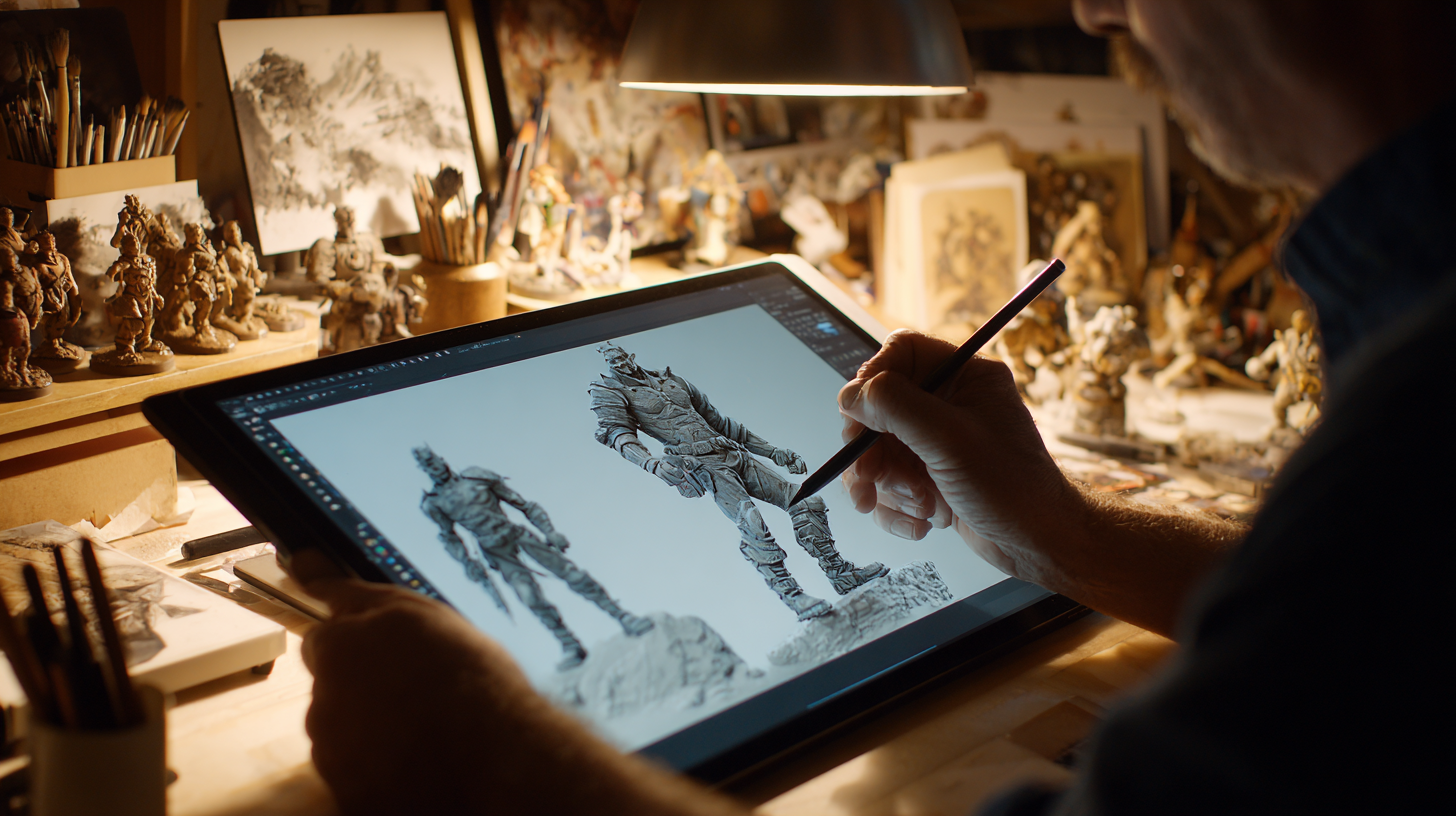 A game artist sculpting a high-detail 3D asset on a digital pen-display tablet inside a real modeling workspace.