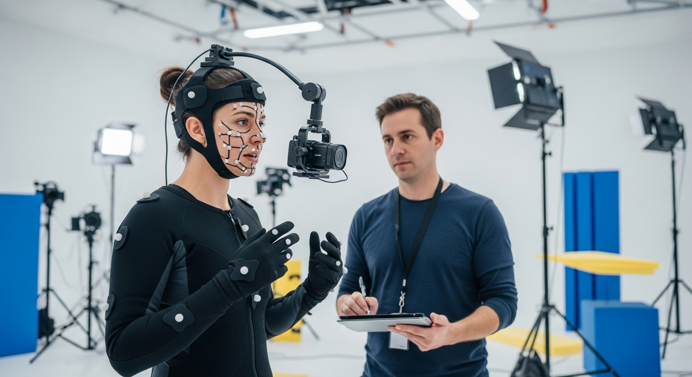 A performer using a full-performance capture setup, including facial camera and mocap suit, for high-fidelity game animation.