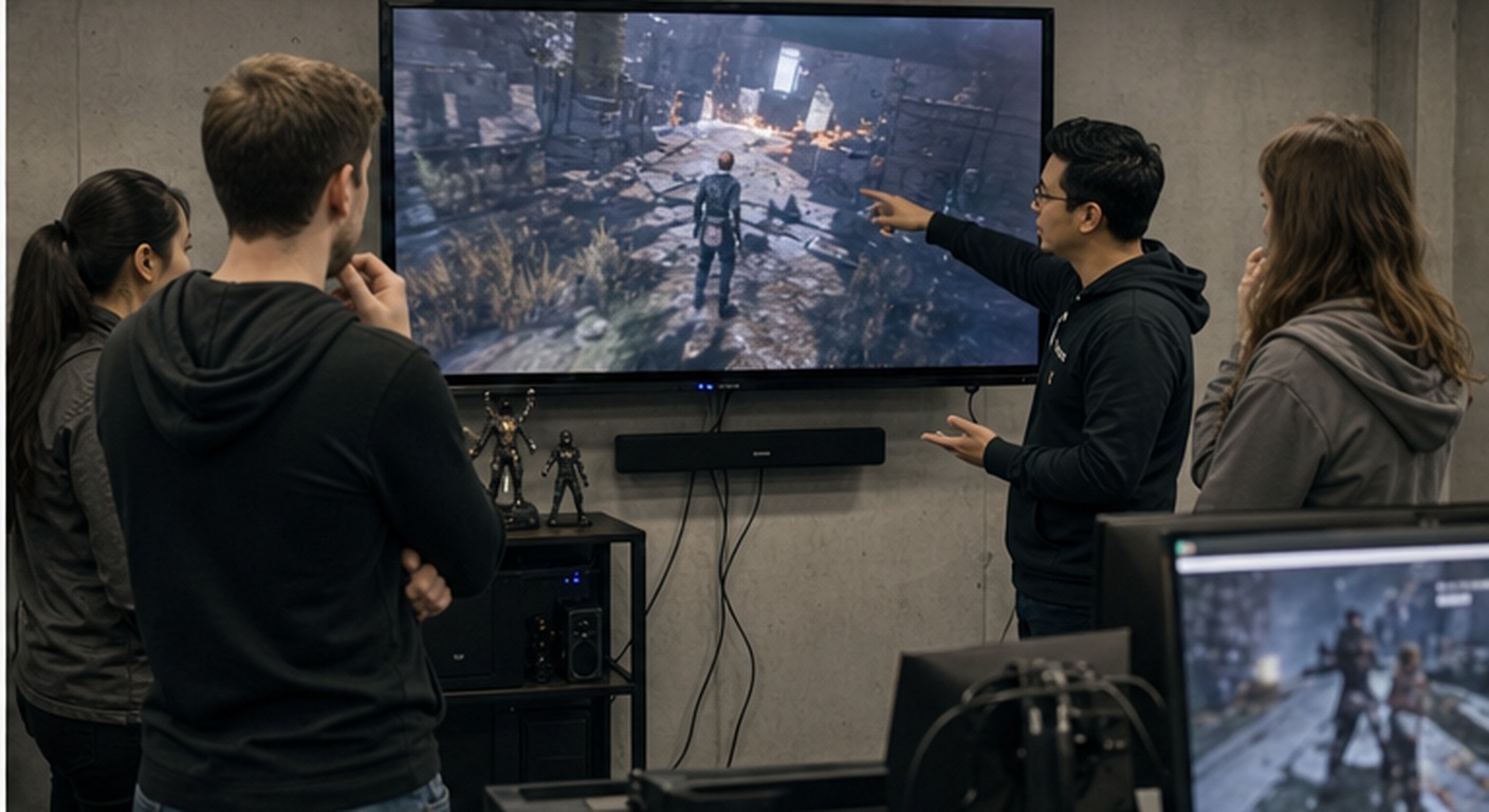 Developers reviewing bug reproduction from automated game testing