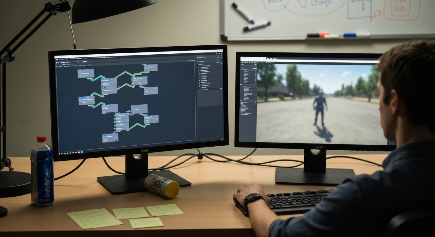 A gameplay programmer reviewing NPC AI behavior trees and in-engine tests on dual monitors.