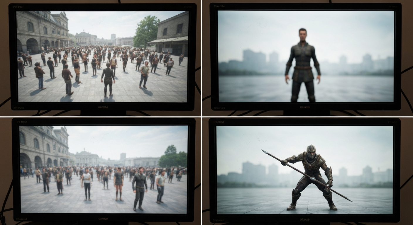 A realistic set of in-engine screens showing different types of NPCs: passive crowds, companions, and enemies.