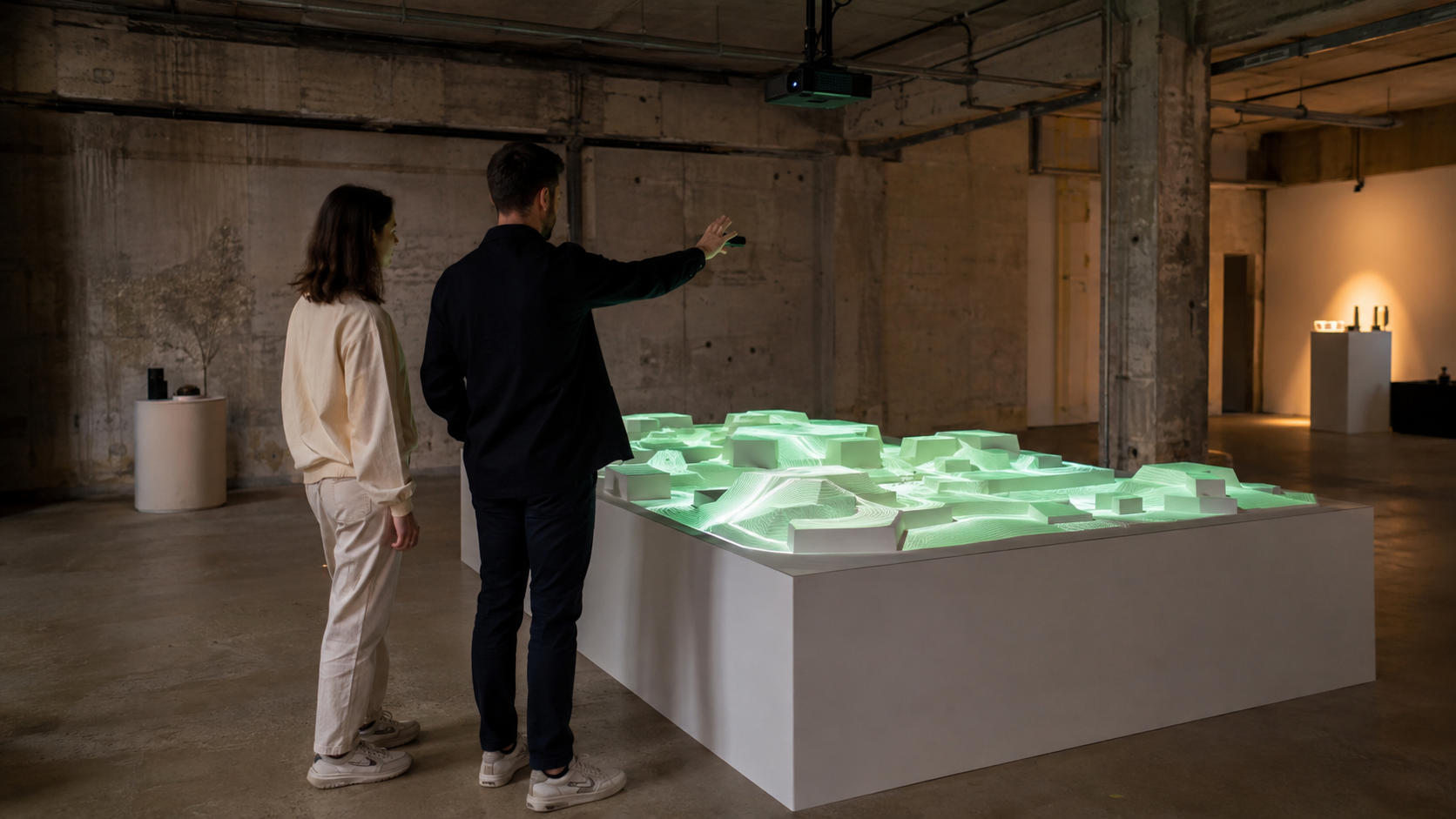 Visitors interacting with a projection-mapped physical sculpture in a gallery