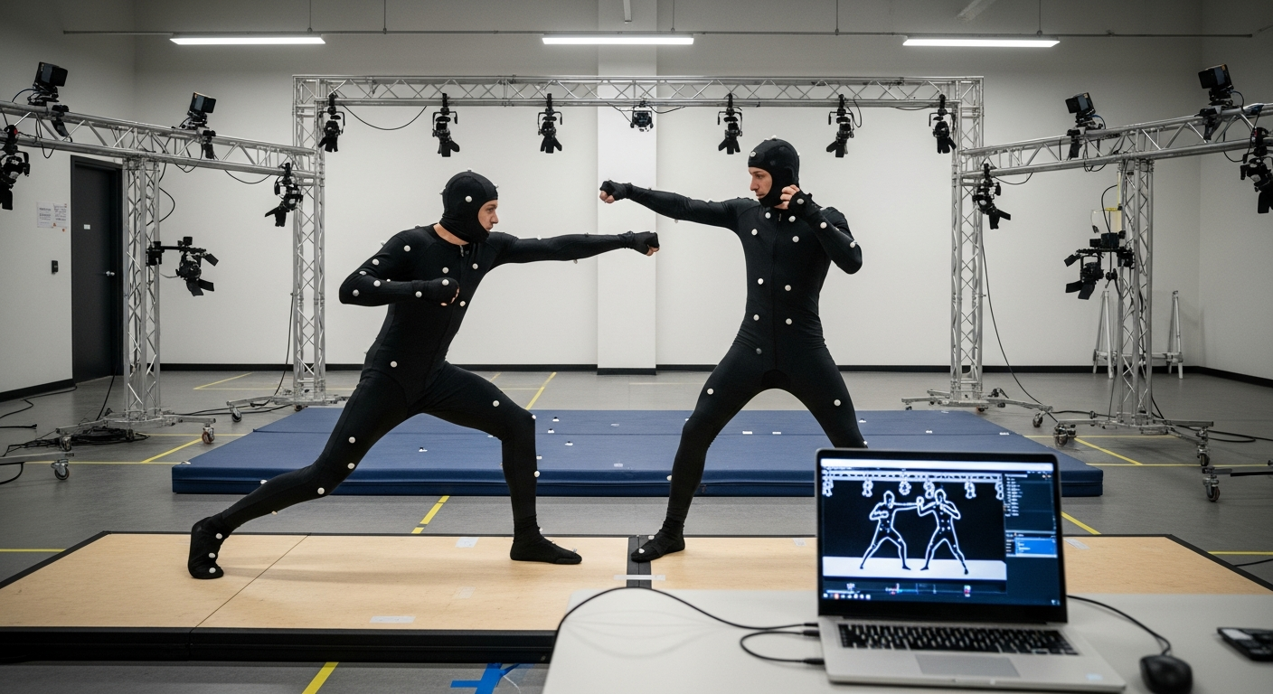 A detailed facial motion capture session showing an actor wearing a camera-mounted helmet.