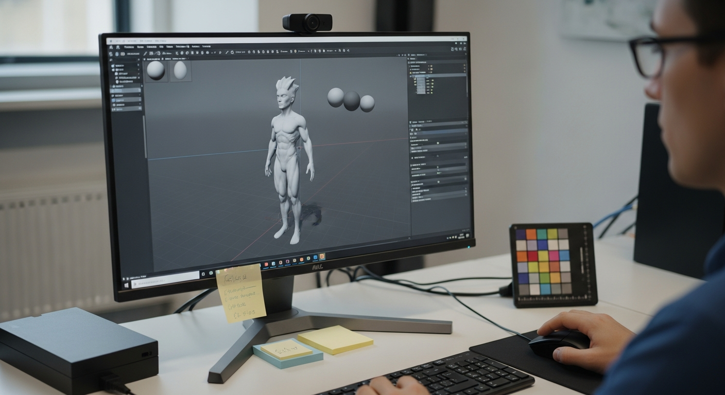 A technical artist integrating a completed 3D model into a real-time game engine for testing and optimization.