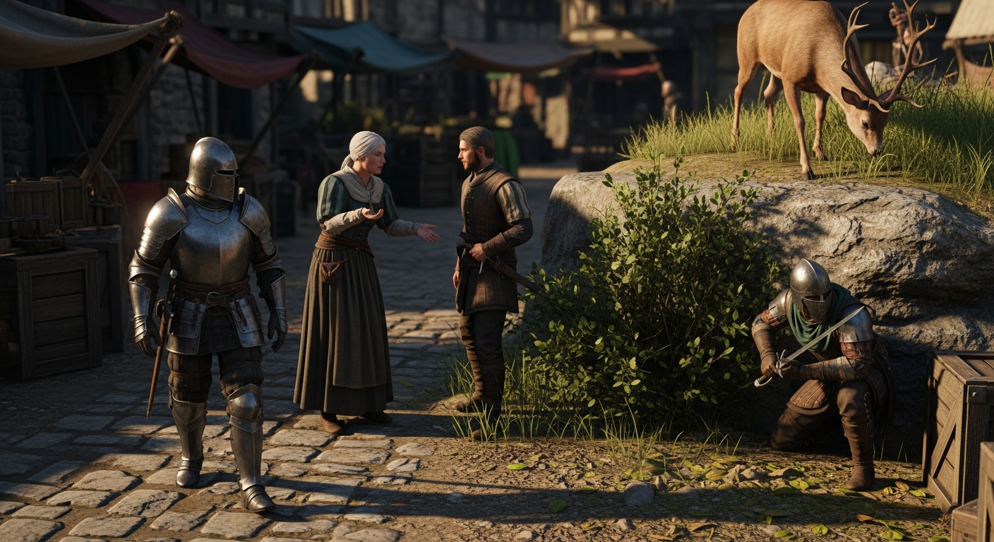 NPCs performing different behaviors—patrolling, interacting, hiding, and roaming—demonstrating how game AI influences character actions.