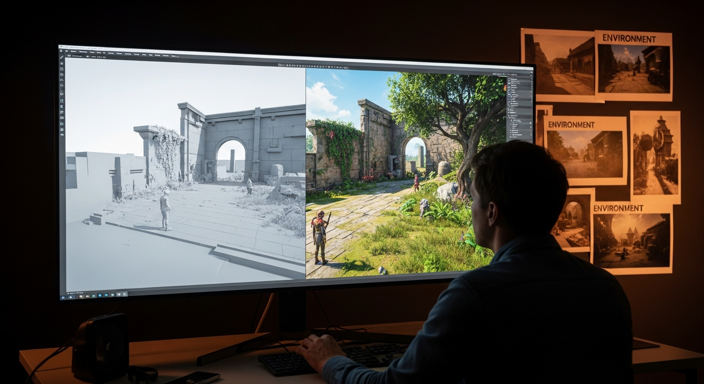 A game artist building a 3D environment, showing the transformation from early grey-box layout to a fully textured and lit game world.