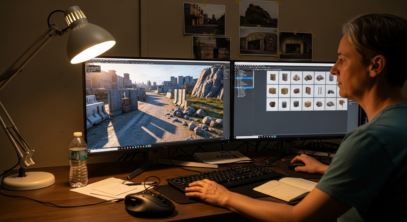 An environment artist arranging realistic cover elements inside a blurred FPS map layout.
