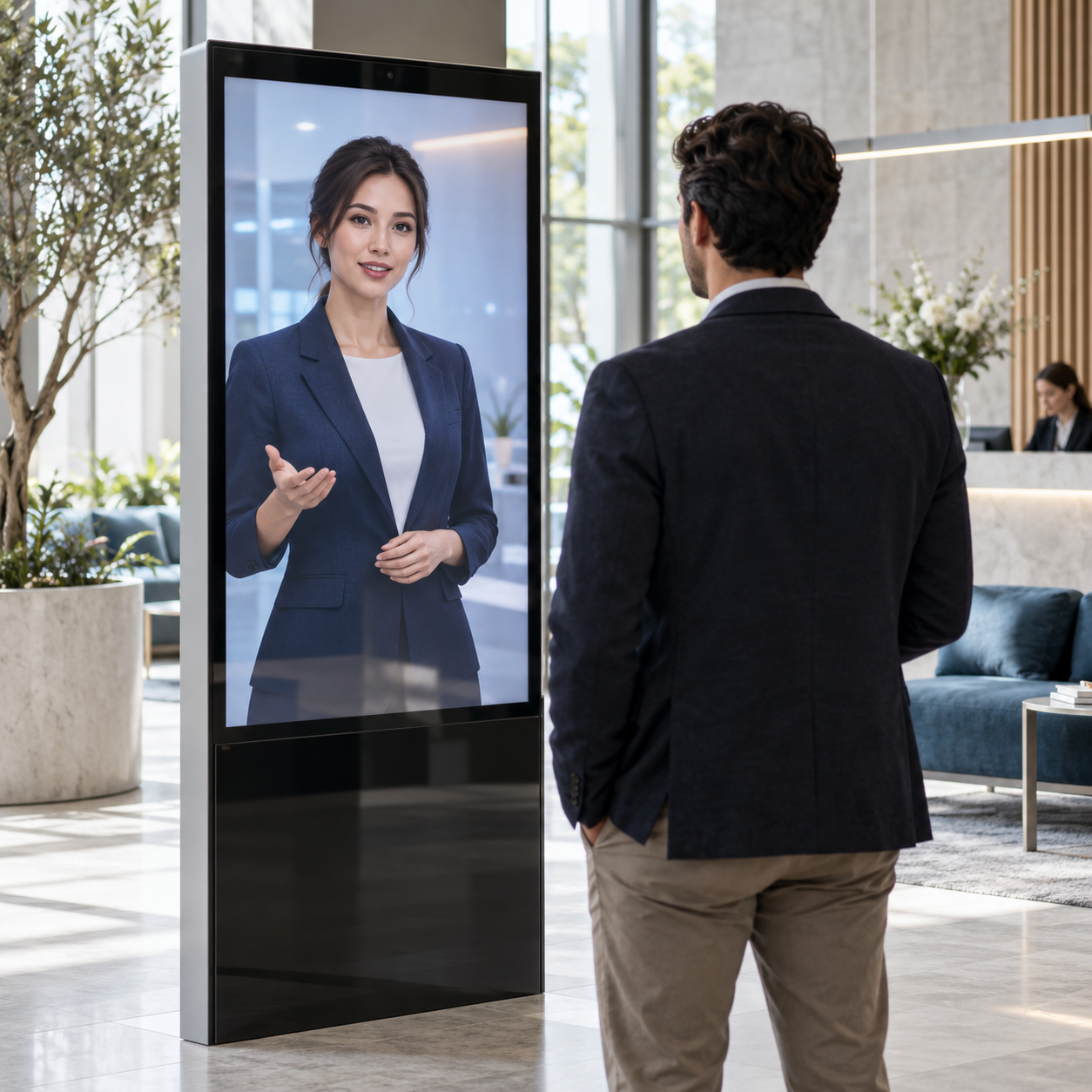 Visitor greeted by a digital receptionist on a vertical screen in a modern office lobby