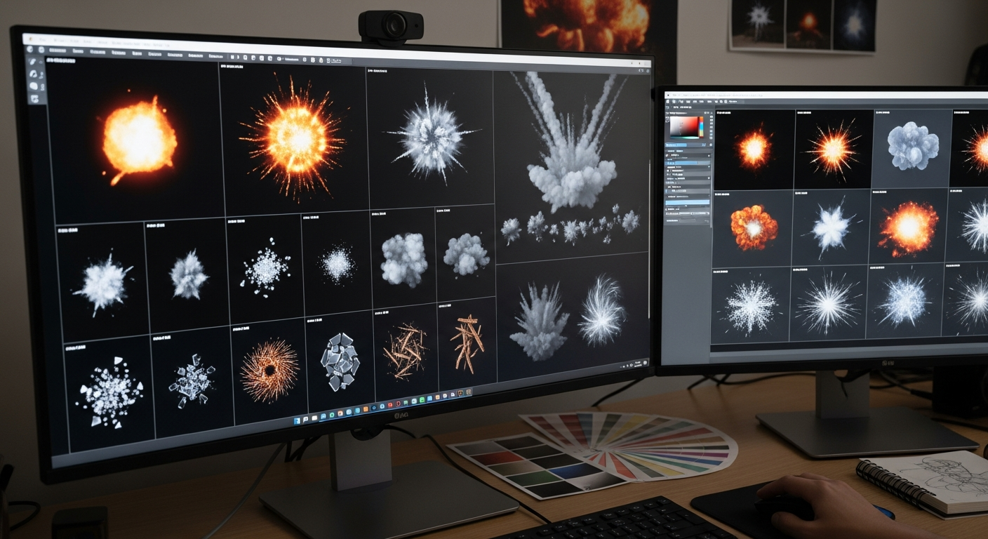 A realistic workstation screen showing AI-generated VFX textures like smoke, explosions, and particle shapes.