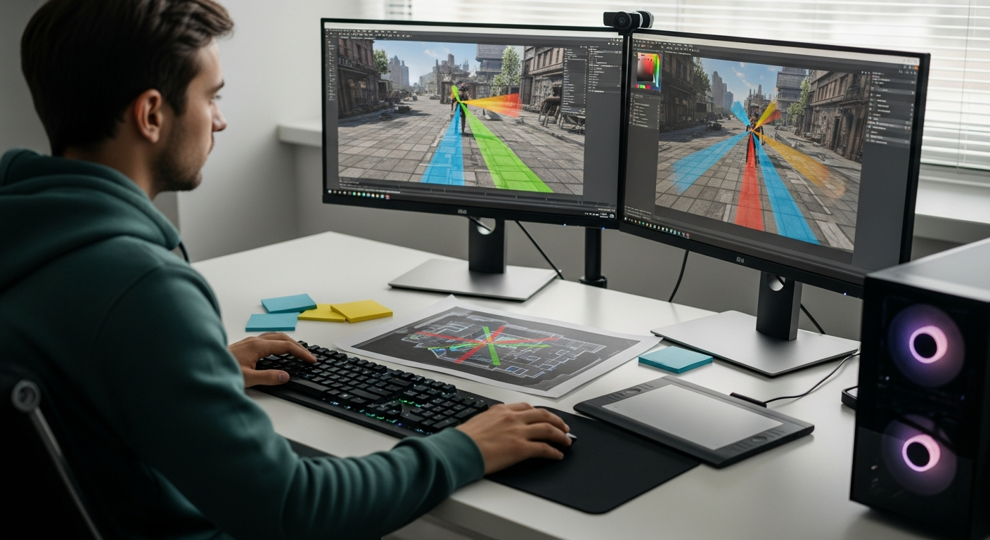 A designer testing sightlines in an FPS level using blurred visualization tools in a 3D engine.