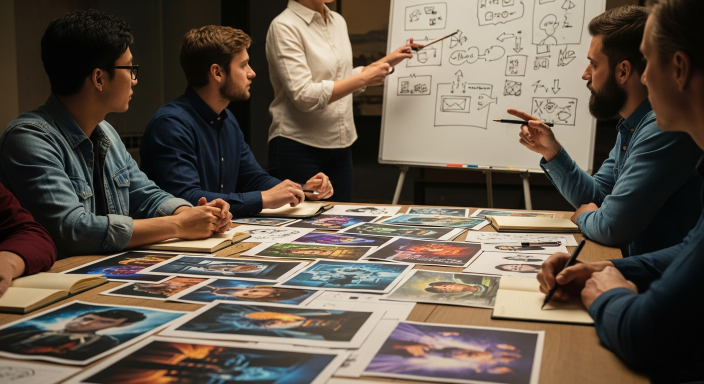 A creative team in pre-production reviewing concept art, mood boards, and early ideas as they plan a video game.