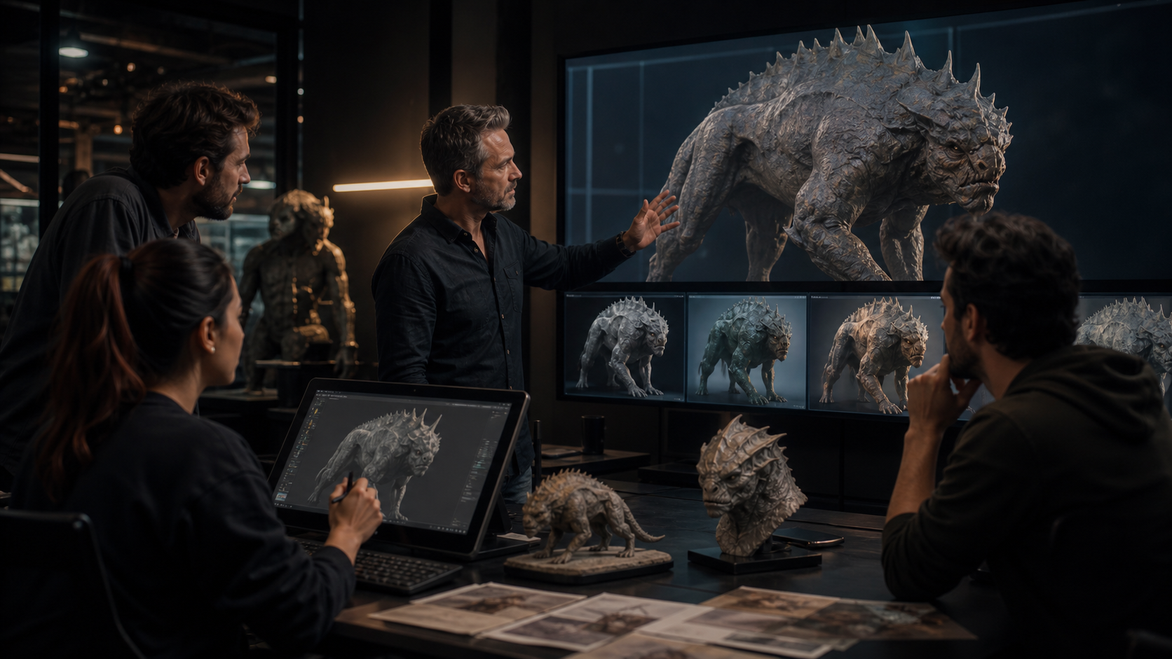 Game studio team reviewing a creature asset pipeline and optimization future trends