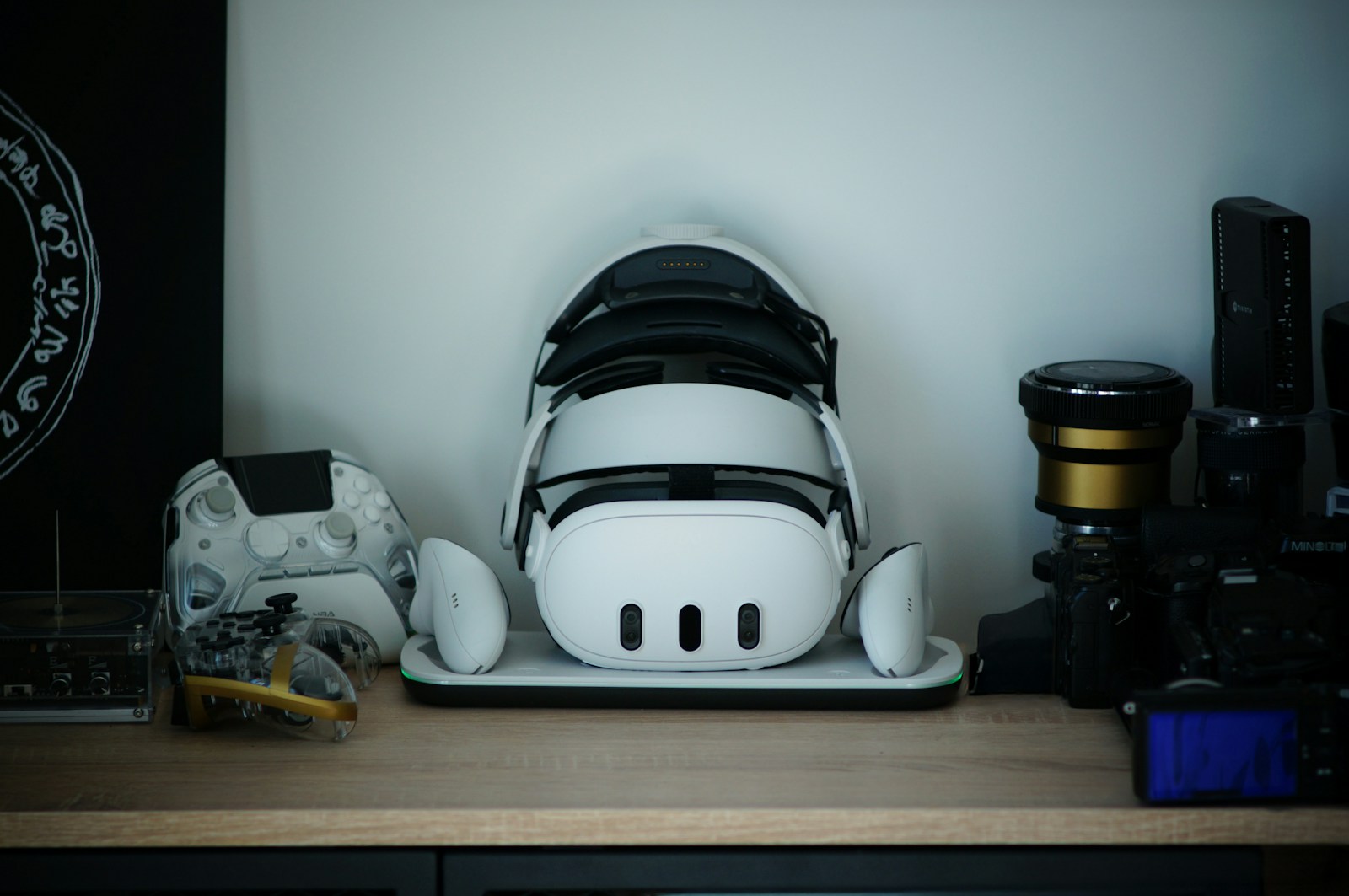 Quest headset and controllers arranged on a charging stand