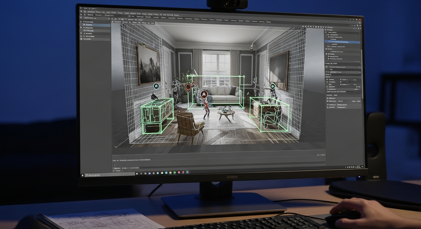 A realistic developer workstation showing XR gameplay design with real-world spatial mapping.