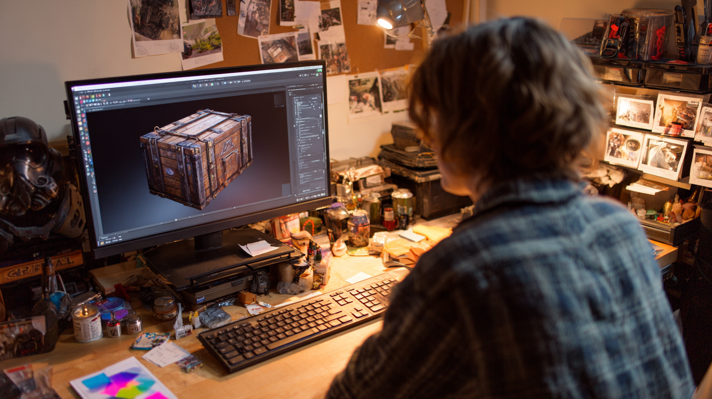 A texture artist painting materials for a game asset using Substance Painter at a real studio workstation.